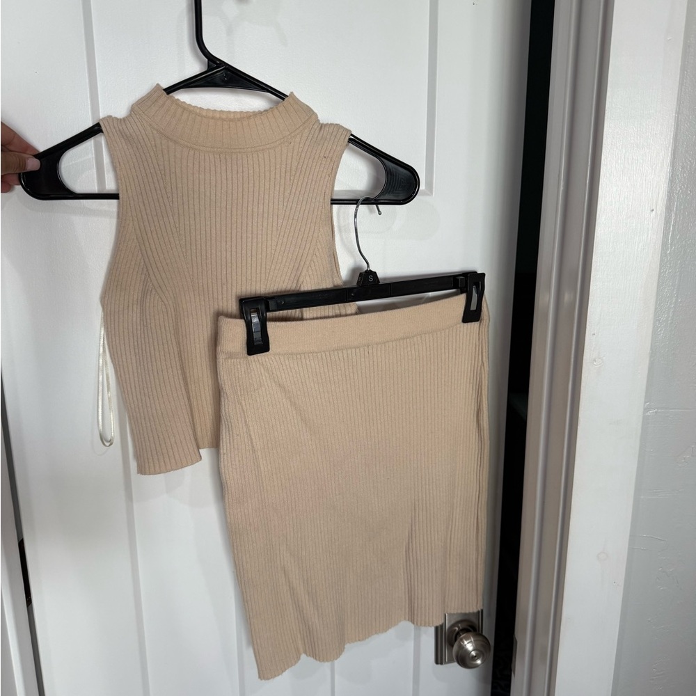 Papermoon Beige Ribbed Mini Skirt Set